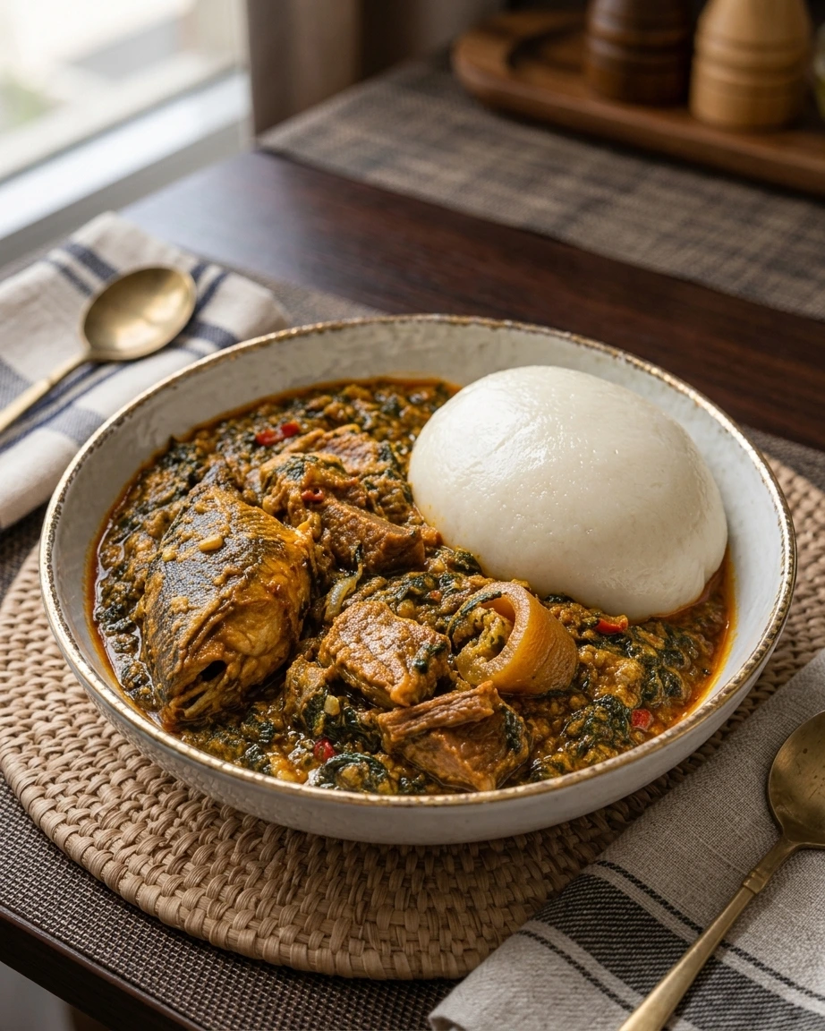 Tuwo Shinkafa with assorted meat and fish soup